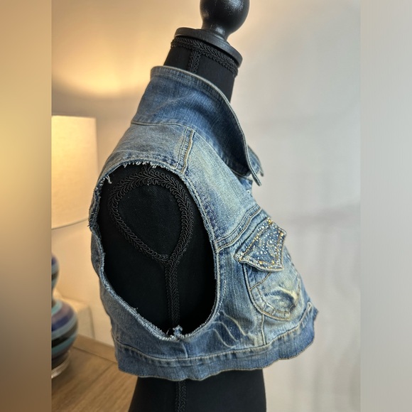 Americana Blues Distressed Embellished Sleeveless Vest - Size S - Picture 7 of 13